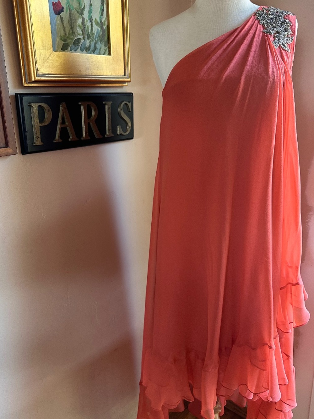 NWT Marchesa Notte Orange Silk One Shoulder High/Low Sequin Midi Gown Size 4